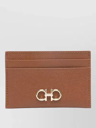 Ferragamo Hammered Leather Cardholder Featuring Gancini Detail In Brown