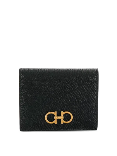 Ferragamo Hammered Leather Gancini Compact Wallet In Sand