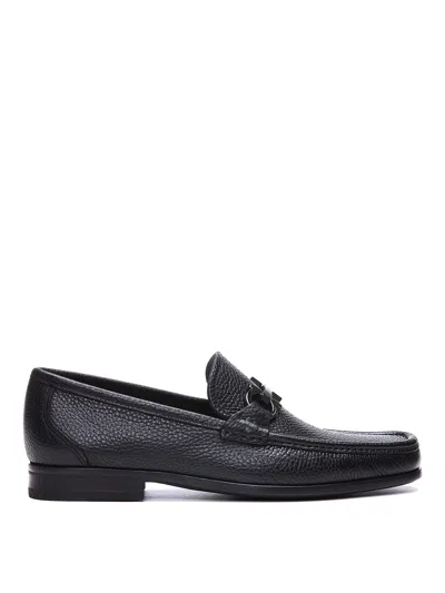 Ferragamo Gandioso Pebbled Moccasin With Gancini Ornament In Black Leather