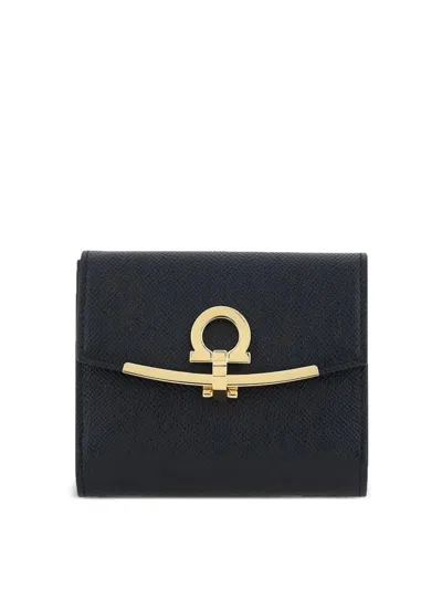 Ferragamo Hammered Leather Gold Gancini Compact Wallet In Sand