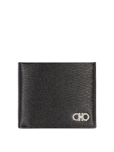 Ferragamo Hammered Leather Metal Gancini Bi-fold Wallet In Black