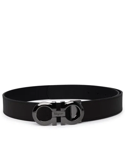 Ferragamo Hammered Leather Reversible Belt In Black