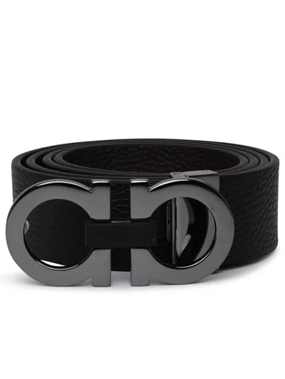 Ferragamo Hammered Leather Reversible Belt In Black