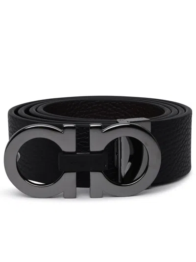Ferragamo Hammered Leather Reversible Belt In Black