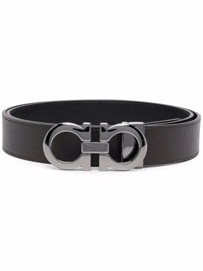 Ferragamo Hammered Leather Reversible Gancini Belt In Brown