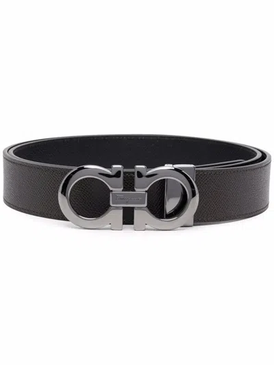 Ferragamo Hammered Leather Reversible Gancini Belt In Brown