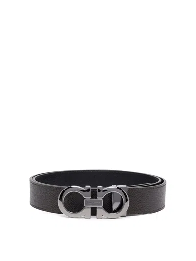 Ferragamo Hammered Leather Reversible Gancini Belt In Sand