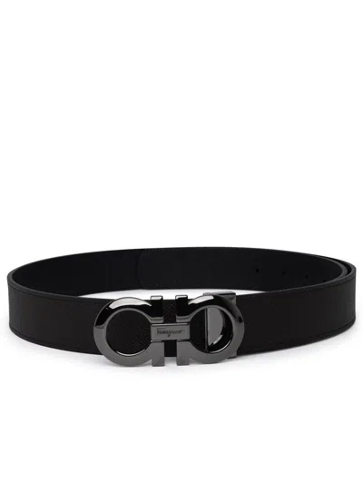 Ferragamo Hammered Texture Reversible Leather Belt With Hook Buckle In Black