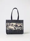 Ferragamo Blue Denim Large Tt Sign Shopping Bag In Blue