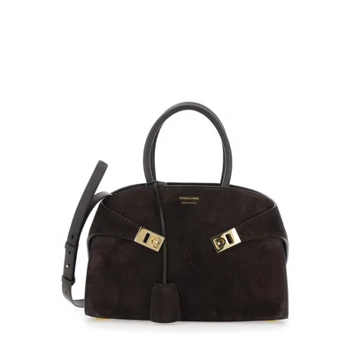 Ferragamo Handbag Hug Piccola With Logo And Gancini Buckles Brown Suede For Women Goat Calf Hand Bags