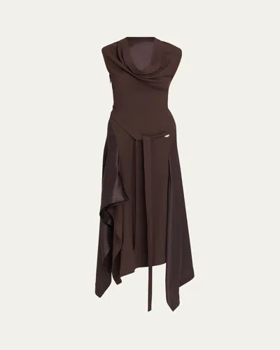 Ferragamo Viscose Stretch Cady Long Dress In Brown