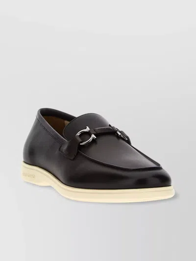 Ferragamo Hardware Embellished Round Toe Rubber Sole Loafers In Black