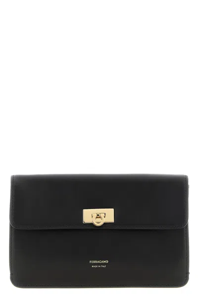 Ferragamo Flat Gancini Minibag In Black