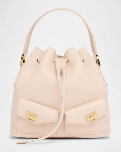 Ferragamo Harley Grainy Leather Bucket Bag In Pink