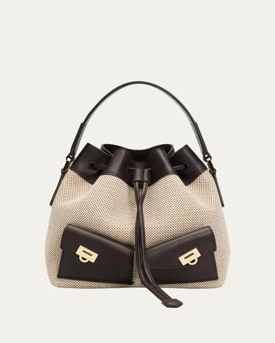 Ferragamo Harley Multipocket Bucket Bag In Canvas And Leather In Black