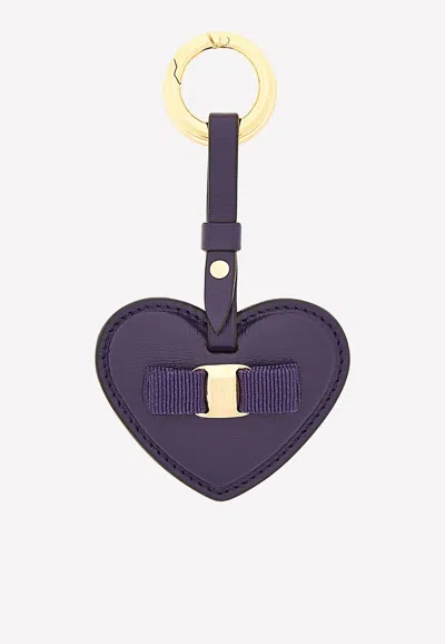 Ferragamo Heart Shaped Leather Keychain With Vara Bow In Purple