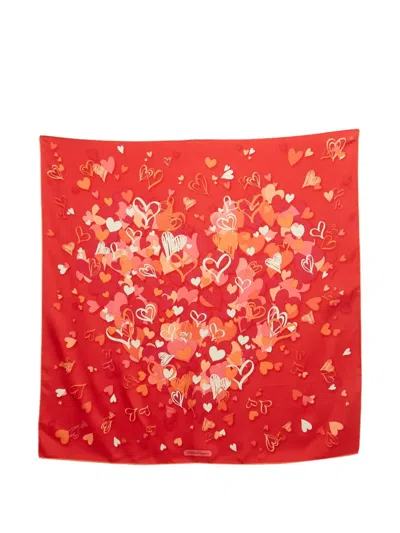 Pre-owned Ferragamo Hearts-print Silk Scarf In Red