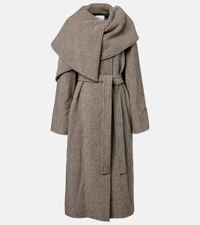 FERRAGAMO HERRINGBONE CAPED WOOL AND COTTON WRAP COAT