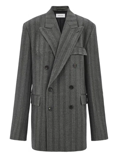 Ferragamo Herringbone Double-breasted Blazer In Gray