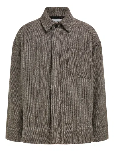 Ferragamo Herringbone Long-sleeve Shirt Jacket In Brown