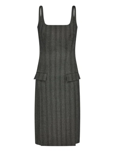 Ferragamo Herringbone Square-neck Midi Dress In Gray