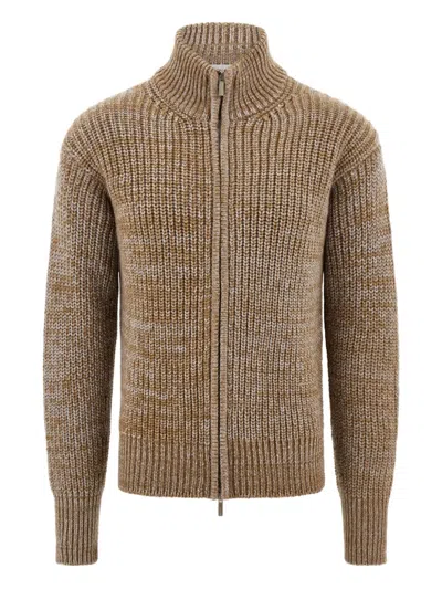 Ferragamo High Neck Rib Knit Cardigan In Brown
