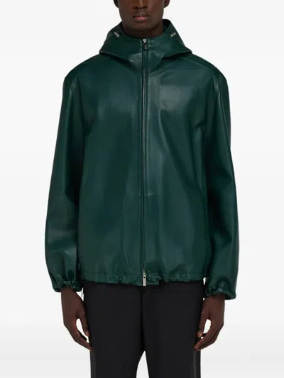 Ferragamo Hooded Leather Jacket In Green