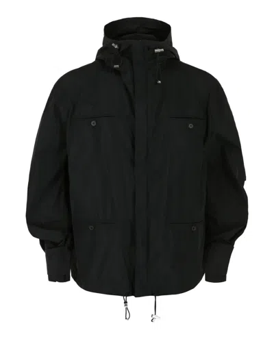 Ferragamo Hooded Windbreaker Jacket With Stand Collar In Black