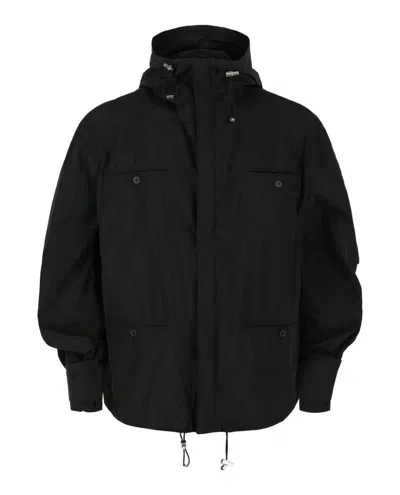 Ferragamo Hooded Windbreaker Jacket With Stand Collar In Black