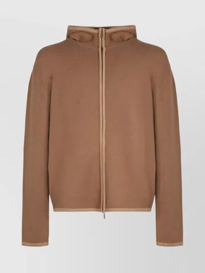 Ferragamo Hooded Zip-up Cardigan Long Sleeves In Brown