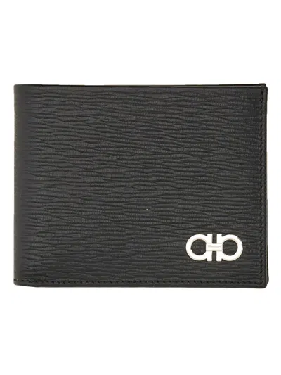 Ferragamo Hooks Textured Calf Leather Bifold Wallet In Black
