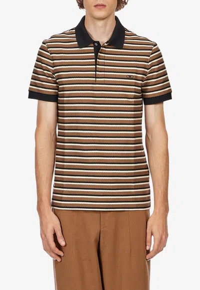 Ferragamo Horizontal Stripe Polo T-shirt In Brown