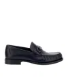 Ferragamo Men 'fort' Blue Slip-on Loafers With Gancini Detail In Brushed Leather Man In Black