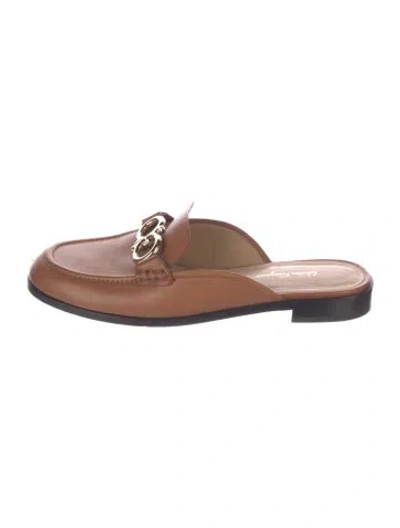 Pre-owned Ferragamo Horsebit Accent Leather Mules In Brown