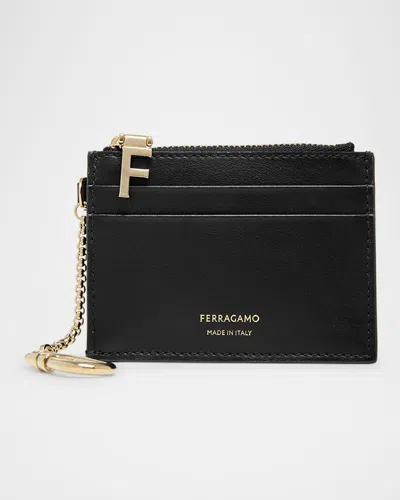 Ferragamo Hot Stamp Zip Leather Card Holder In Black