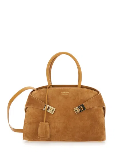 Ferragamo Hug Beigesmall Handbag With Logo And Gancini Buckle In Suede Woman In Brown