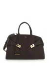 Ferragamo 'hug Bicolor' Brown Handbag With Logo And Gancini Buckle In Leather Woman In Brown