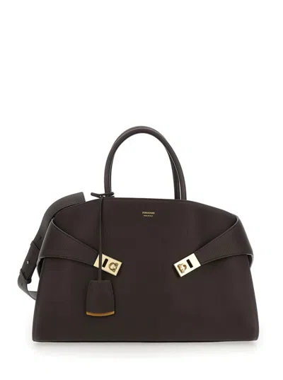 Ferragamo 'hug Bicolor' Brown Handbag With Logo And Gancini Buckle In Leather Woman