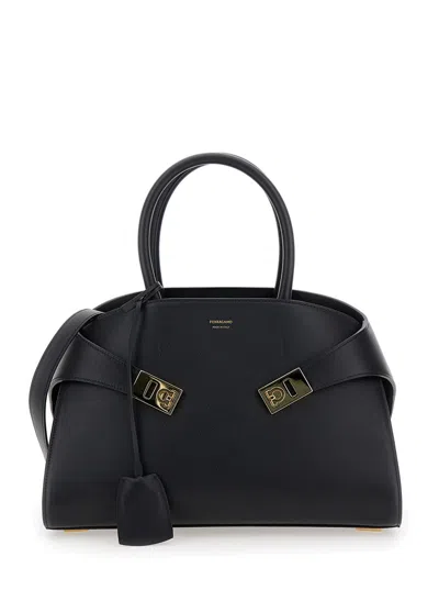 Ferragamo Hug M Black Handbag With Logo And Gancini Buckle In Leather Woman