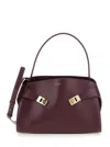 Ferragamo Hug Bordeaux Shoulder Bag With Logo Printed On Front In Hammered Leather Woman In Burgundy