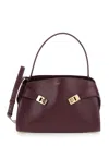 Ferragamo Hug Bordeaux Shoulder Bag With Logo Printed On Front In Hammered Leather Woman In Burgundy