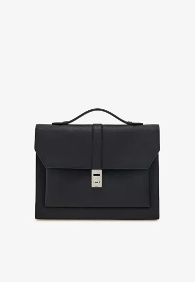 Ferragamo Hug Briefcase In Hammered Leather In Black