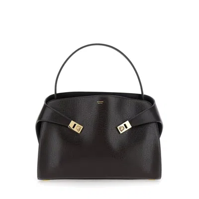 Ferragamo Hug Brown Shoulder Bag With Logo Printed On Front In Grained Leather Woman