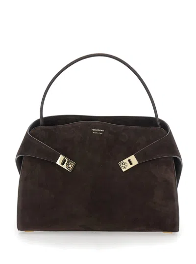 Ferragamo Hug Brown Shoulder Bag With Logo Printed On Front In Suede Woman