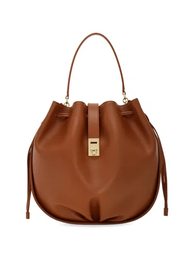 Ferragamo Hug Buckle Leather Bucket Bag In Brown