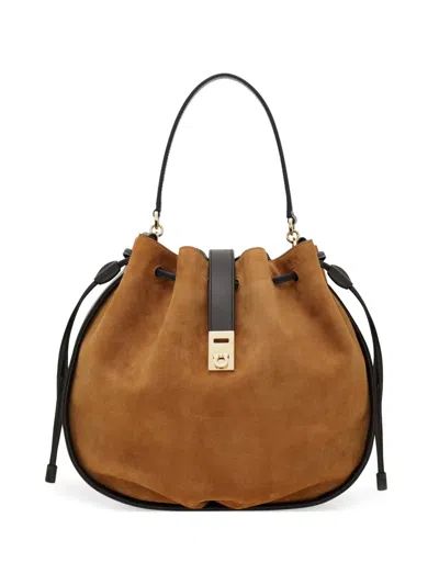 Ferragamo Hug Suede Bucket Bag In Brown