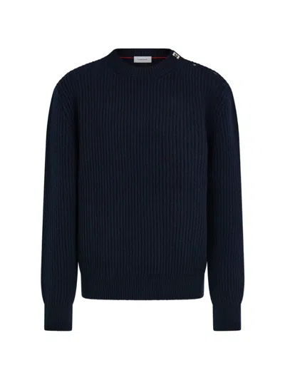 Ferragamo Rib Knit Crew Neck Sweater With Hug Buckle Detail In Blue