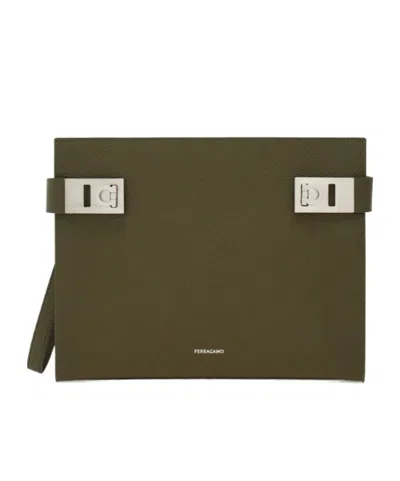 Ferragamo Hug Hammered-leather Clutch Bag In Green