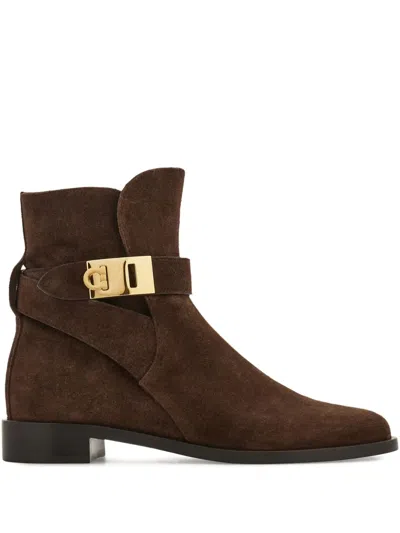 Ferragamo Hug Buckle-strap Ankle Boots In Brown