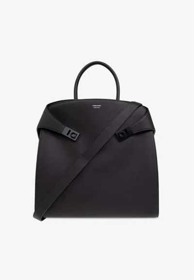 Ferragamo Hug Calfskin Tote Bag In Black